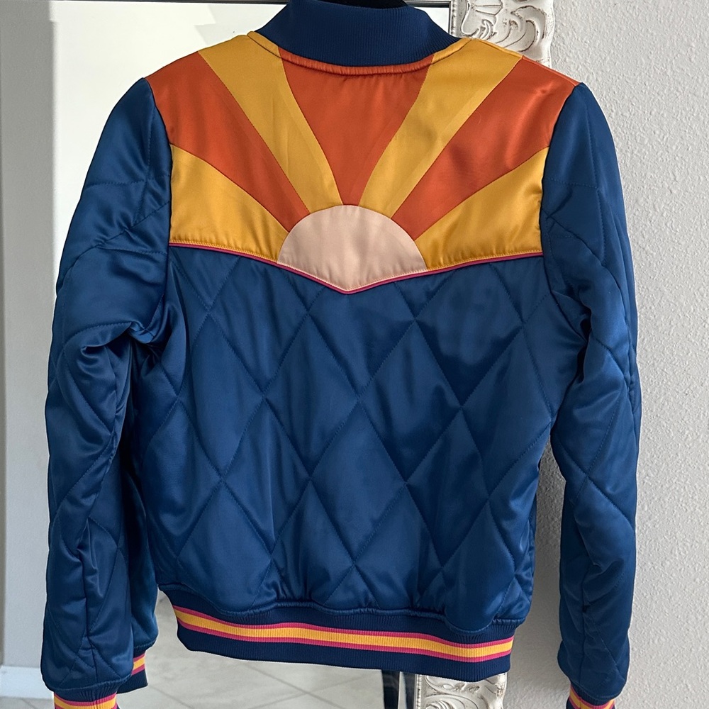 Classic Rock Couture Blue Bomber Jacket with Orange and Yellow Accents - Picture 3 of 6